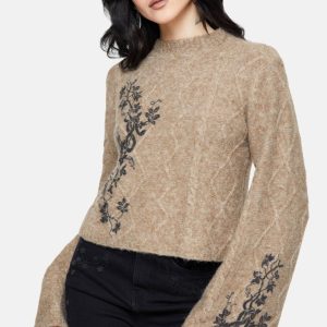 Ravelle Baumwolle Blumenmuster Bedruckt Ausgestellt Zopf Gestrickt Pullover