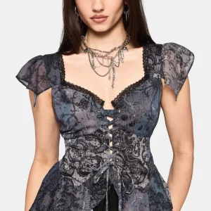 Gaia Celestial Print Chiffon Lace Up Blouse