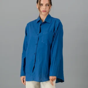 Ladies Blue Linen Shirt - Oversized - Denim Blue